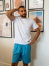 Men summer pajama set White T-shirt + Teal X White Stripes Short